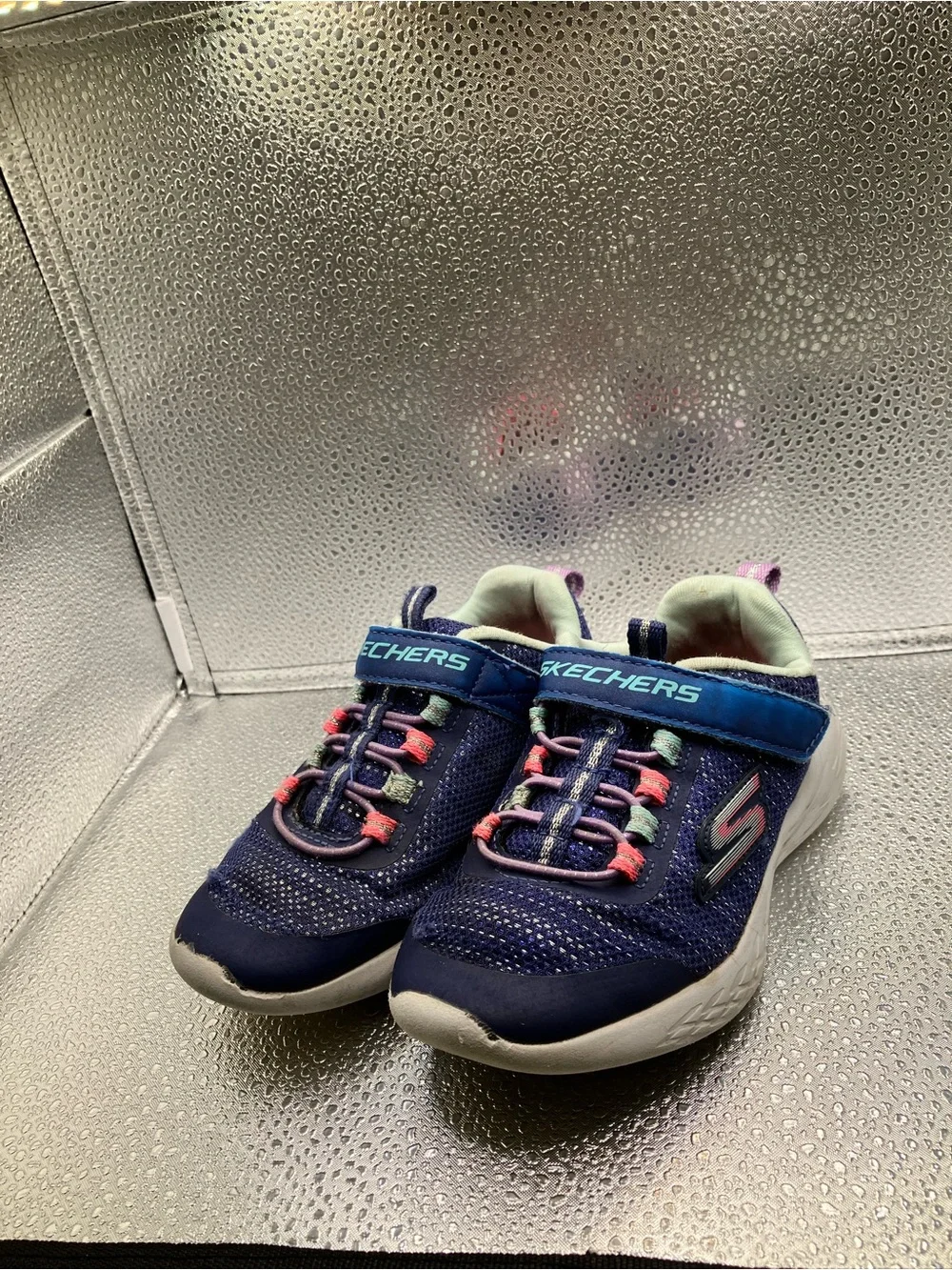 Skechers Girls Navy Blue Pink Accent Light-Up Sneakers